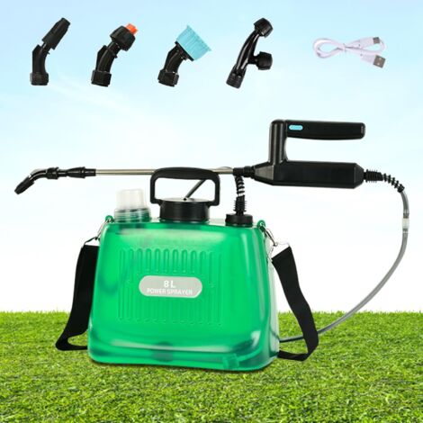Spruzzatore a pressione elettrico da 8 litri per giardino con 4 ugelli nebulizzatori, impugnatura ricaricabile tramite USB, asta telescopica, con tracolla regolabile