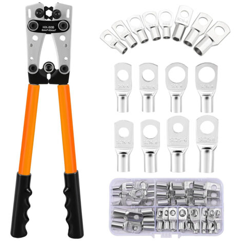 CENTIFREE SPTS Outil de sertissage de câble de batterie pour bornes à anneau en cuivre de batterie 6/10/16/25/35/50 mm², cosses en cuivre, pince à sertir robuste pour cosses de fil (HX-50B crimper+terminals)