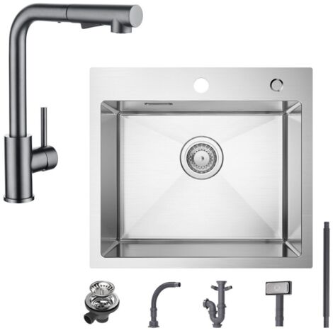 Spülbecken mit 1 Becken 50×45CM Edelstahlspüle Gebürstete + Küchenarmatur mit 2 Strahlarten Grau ausziehbarer Spültischarmatur, Höhe 345 mm