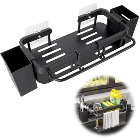 Spülbecken Organizer Hängend - Schwammhalter Küche Edelstahl Mit Klebstoff, Kein Bohren Spüle Organizer, Spülbecken Organizer Wand mit Stäbchenhaltern, Handtuchhalter und Haken