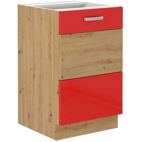 Spülenschrank 50 cm Eiche Artisan + Rot Hochglanz Küchenzeile Küchenblock Küche