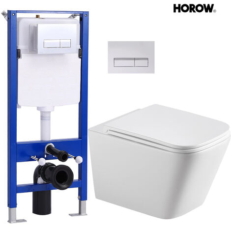 Spülrandlos Hänge WC Komplettpaket mit WC Sitz mit Absenkautomatik aus Keramik - Gäste Wand WC Toiletten mit Einloch-Superspin-Spülung + Vorwandelement mit Betätigungsplatte