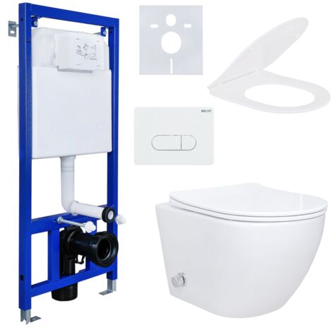 Spülrandloses Hänge Dusch WC Komplettset mit Taharet Kalt/-Warmwasserarmatur Softclose Sitz Drückerplatte Vorwandelement