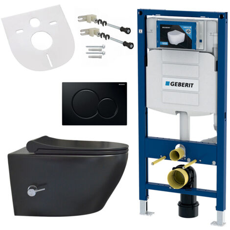 Spülrandloses Hänge WC mit Softclose Deckel, Armatur, schwarzer Betätigungsplatte kompatibel mit Geberit Vorwandelement