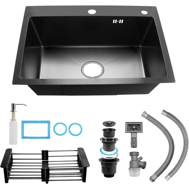Brisunshine - Evier Cuisine 1 Bac avec Egouttoir, 60x45cm Éviers de Cuisine en Acier Inoxydable Noir, Inclus Panier-Égouttoir Distributeur de Savon