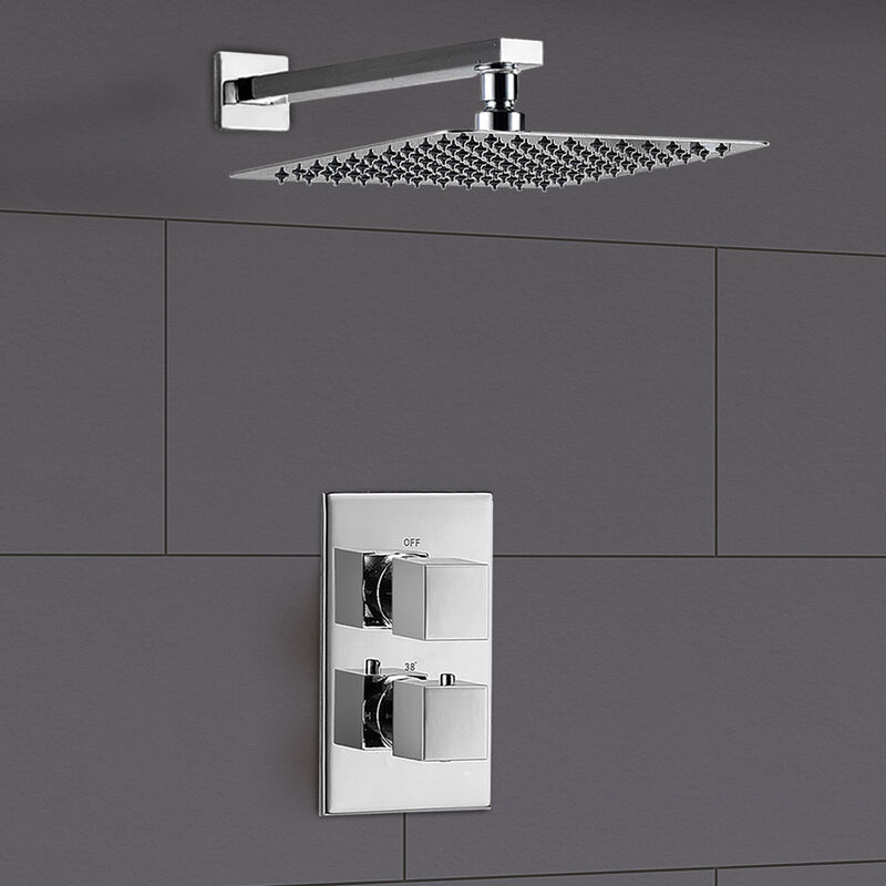 Square Thermostatic Concealed Mixer 2 Dial 1 Outlet + 300mm Shower Head + Arm Neshome
