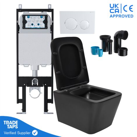 Square Black Wall Hung Toilet Pan with VIVA Slim Concealed Cistern Frame 1.14-1.35m & Gloss White flush Plate