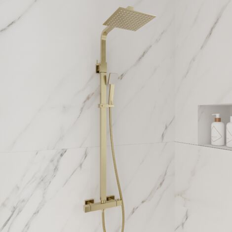 Square Brushed Brass Thermostatic Shower Kit with Fixed Head and Handset
