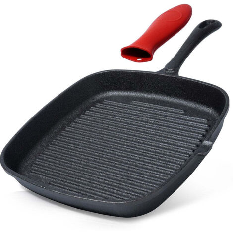 Square cast iron grill pan with grill base and silicone cover