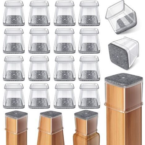 Square Chair Leg Protectors, 24 Pieces, Transparent Silicone Chair Leg Protectors with Felt, Reduce Noise and Prevent Scratches (Fits: 27-39mm)