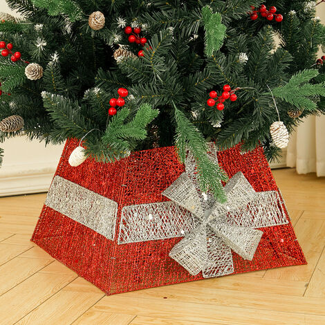 Square Christmas Tree Skirt with Bow Tie,Red