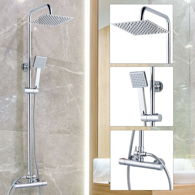 Square Chrome Thermostatic Dual Control Twin Head Shower Mixer Ultra Thin + Kit