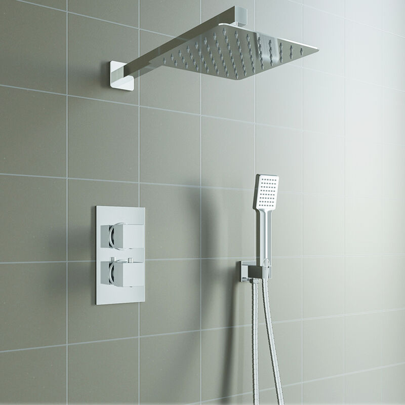 Aica Sanitaire - aica Square Chrome Thermostatic Shower Mixer Bathroom Concealed Twin Head Valve Set