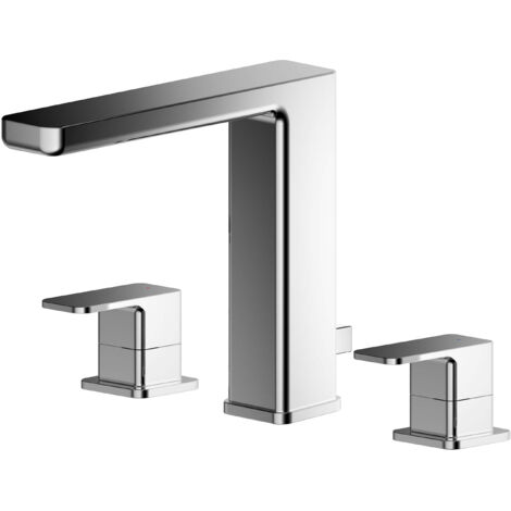 Square Deck 3 Tap Hole Basin Mixer Tap & Pop Up Waste - Chrome