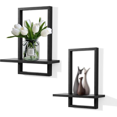 Square Floating Shelves,Plants Shelf Black,Framed Wall Plants Holder Decorative Modern Chic Wall Decor Set of 2 for Living Room Bedroom Bathroom Home Office,Soild Wood,L+S