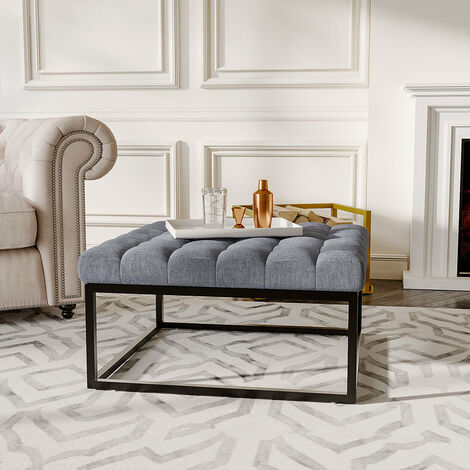 Square Linen Footstool with Metal Frame