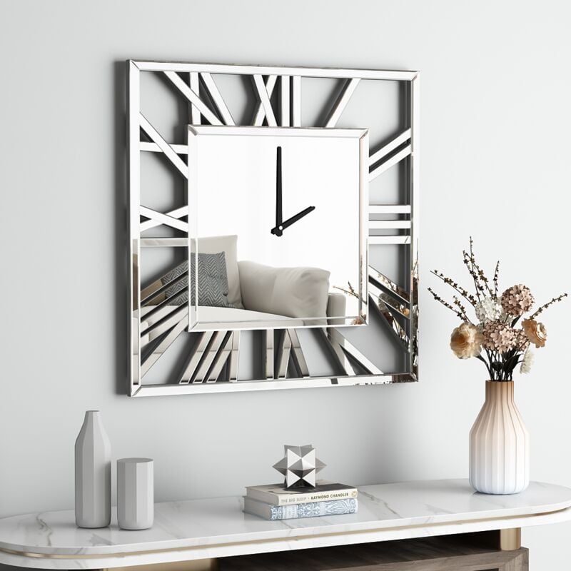 Horloge murale miroir carré – Grande horloge sans cadre avec chiffres romains pour décoration murale 80 x 80 cm