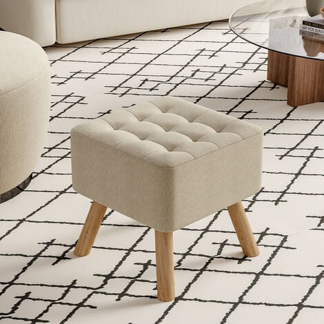 Square Modern Linen Upholstered Footstool Wooden Legs, Beige