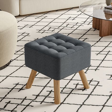 Square Modern Linen Upholstered Footstool Wooden Legs, Grey