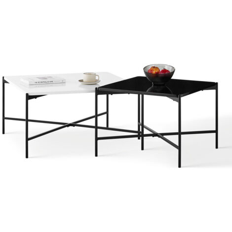 Square Nesting Coffee Table Set of 2 Industrial, 18mm High Gloss Wood Top Stacking Side Tables with Metal Legs Accent End Table for Living Room Sofa (white + black)