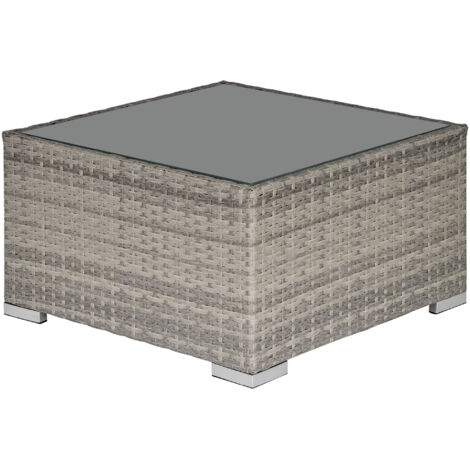 Square PE Wicker Rattan Table, with Glass Top - Light Grey