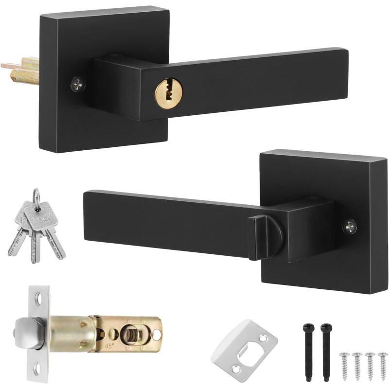 Square Privacy Door Lever with Lock, Door Handle with Lock and Key, Lock Lever Door Handle Set, External Door Lock Set, Door Handles Lever Lock for