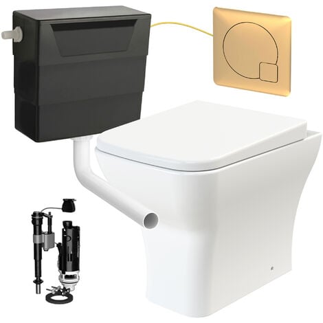 Square Rimless Back to Wall Toilet Pan with Soft Close Seat & Concealed Cistern Brushed Brass Plate Button