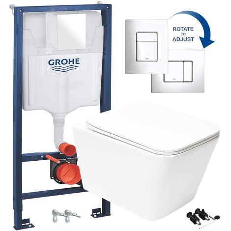 GRAVAHAUS Square Rimless Wall Hung Toilet Pan & GROHE 1.13m Concealed Cistern Frame WC Set