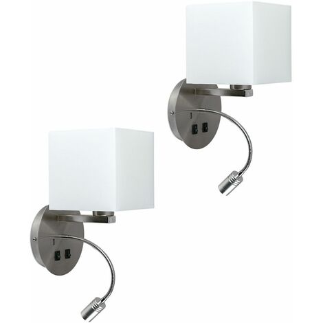 main image of "Square Shade Hotel Wall Lights Reading Light USB Twin Pack - Add LED Bulb"