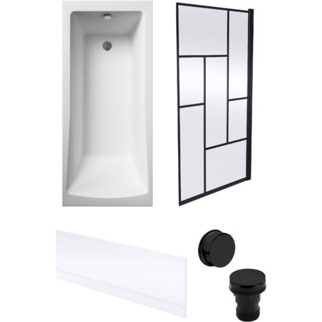 Square Single Ended 1700x700 with Front Bath Panel. Black Abstract Framed Screen & Black Waste