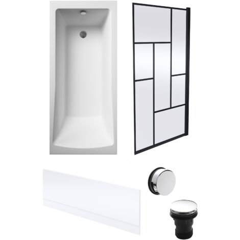 Square Single Ended 1700x700 with Front Bath Panel, Black Abstract Framed Screen & Chrome Waste