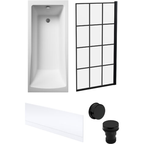 Square Single Ended 1700x700 with Front Bath Panel, Black Square Framed Screen & Black Waste