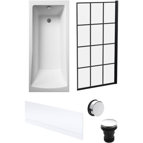 Square Single Ended 1700x700 with Front Bath Panel, Black Square Framed Screen & Chrome Waste