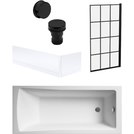 Square Single Ended 1700x700 with Front & End Panels & Black Square Framed Screen & Black Waste