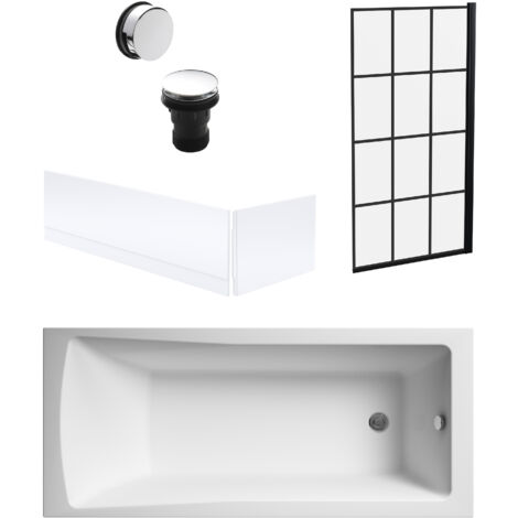 Square Single Ended 1700x700 with Front & End Panels & Black Square Framed Screen & Chrome Waste