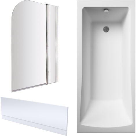 Square Single Ended 1700x750 Bath with Front Panel & Chrome Round Corner Screen with Fixed Panel
