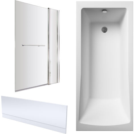Square Single Ended 1700x750 Bath with Front Panel, Chrome Square Bath Screen with Fixed Panel and Towel Rail & Leg Set
