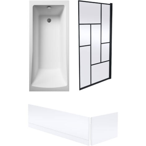 Square Single Ended Bath, Panels and Black Abstract Screen - 1700 x 700mm
