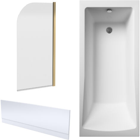 Square Single Ended1700x750 Shower Bath Set – Front Panel & Brushed Brass Round Corner Screen