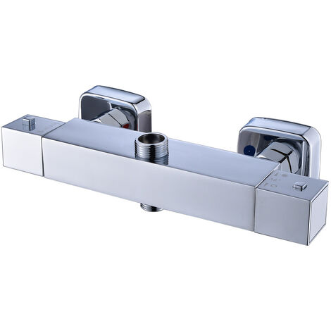 Square Thermostatic Shower Stick Mixing Valve Faucet Chrome Bathroom Double Outlet