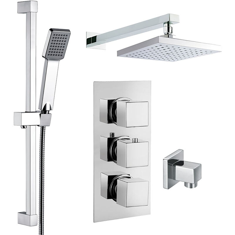 Square Twin Head Wall Concealed Thermostatic Shower Valve Set with Riser Kit - Chrome