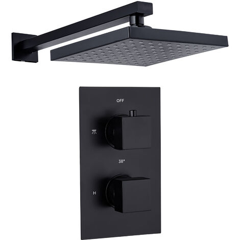 Square Wall Concealed Thermostatic Shower Valve Set with Fixed Head - Black