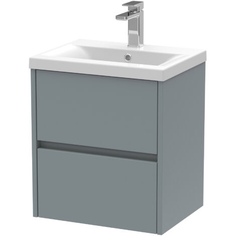Square Wall Hung 2 Drawer Vanity Unit & Ceramic Basin, 500mm - Matt Coastal Grey