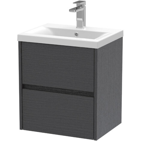 Square Wall Hung 2 Drawer Vanity Unit & Ceramic Basin, 500mm - Woodgrain Graphite Grey