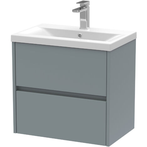 Square Wall Hung 2 Drawer Vanity Unit & Ceramic Basin, 600mm - Matt Coastal Grey