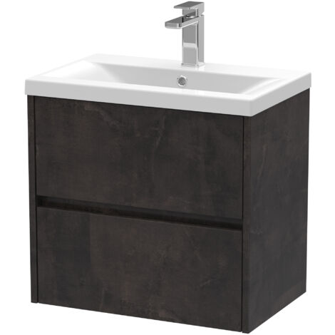 Square Wall Hung 2 Drawer Vanity Unit & Ceramic Basin, 600mm - Textured Matt Metallic Slate