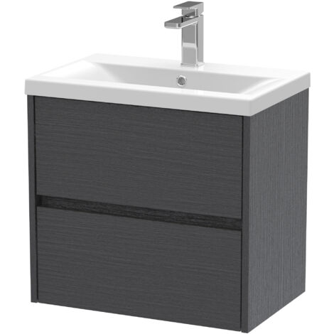 Square Wall Hung 2 Drawer Vanity Unit & Ceramic Basin, 600mm - Woodgrain Graphite Grey
