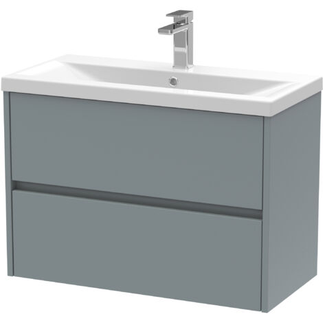 Square Wall Hung 2 Drawer Vanity Unit & Ceramic Basin, 800mm - Matt Coastal Grey