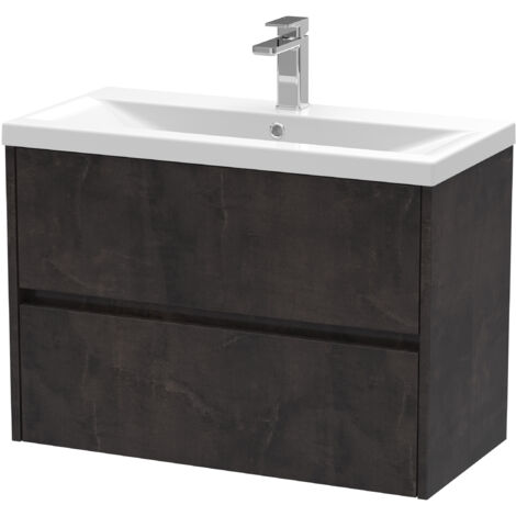 Square Wall Hung 2 Drawer Vanity Unit & Ceramic Basin, 800mm - Textured Matt Metallic Slate