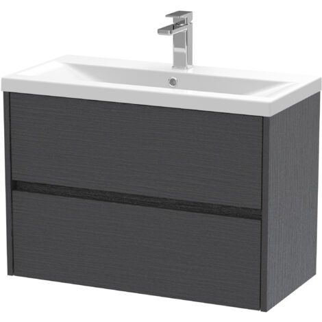 Square Wall Hung 2 Drawer Vanity Unit & Ceramic Basin, 800mm - Woodgrain Graphite Grey
